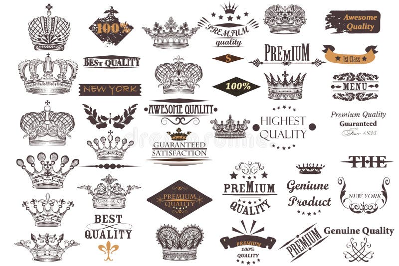 Big antique collection of vector crowns and labels for vintage d