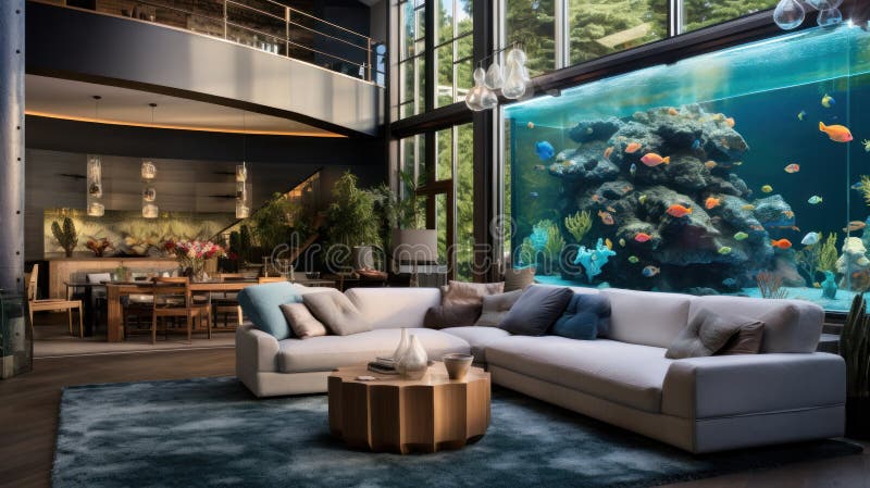 Big Aquarium in Luxury Living Room. Modern Interior with Sea Water Fishtank.  Stock Illustration - Illustration of light, building: 302153685