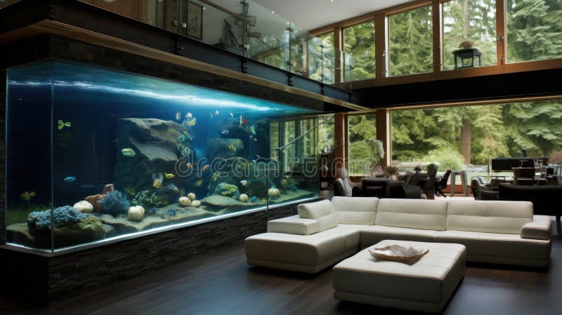 Big Aquarium in Luxury Living Room. Modern Interior with Sea Water