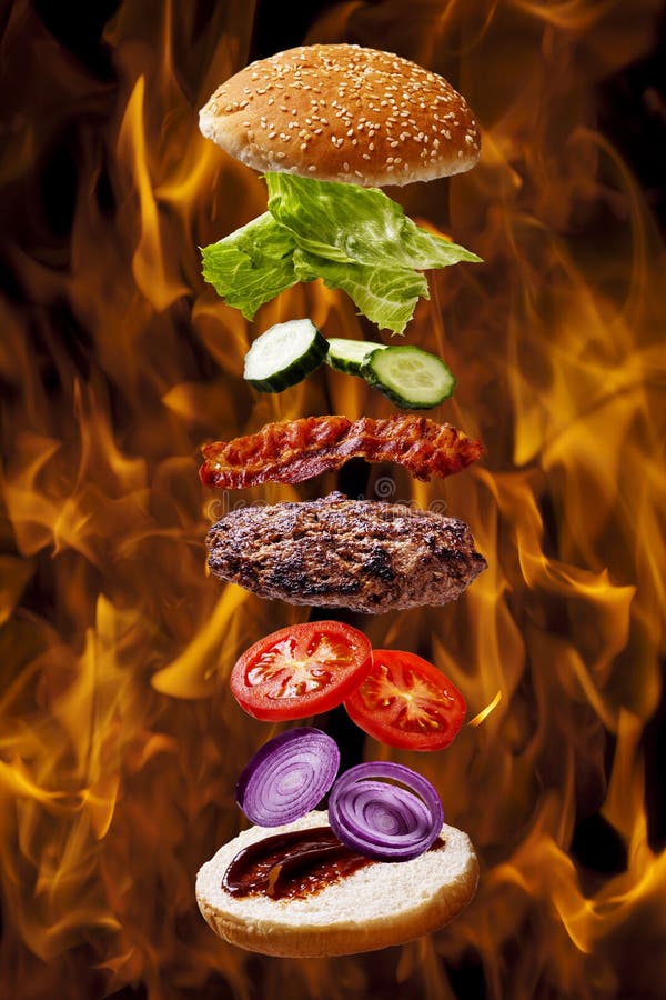 Big Bacon Barbecue Burger on Fire Flame Grill Stock Image - Image of