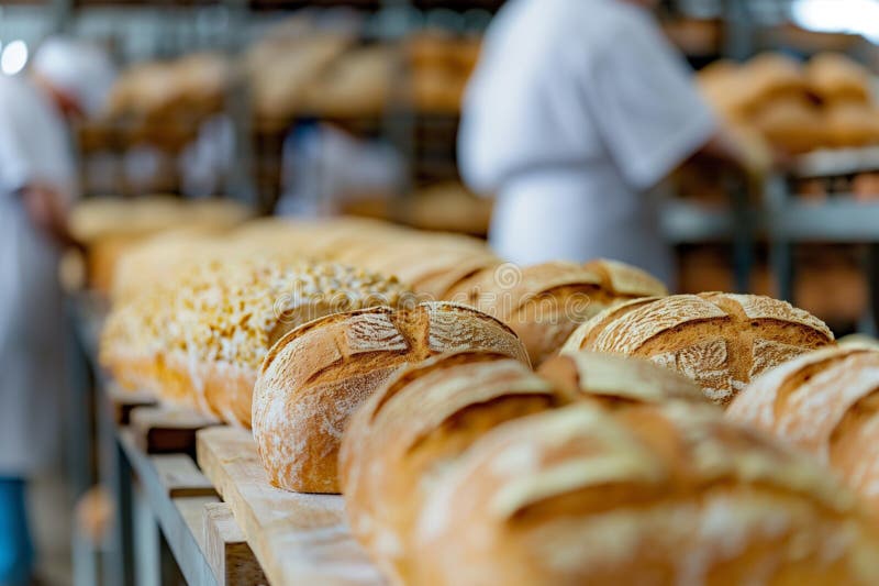 In a Big Bakery Industry, Baking Bread in Industrial Stock Photo
