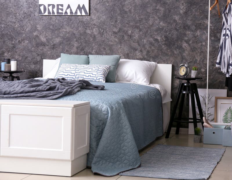 Big Bed with Soft Pillows in Stylish Interior of Room Stock Image Image of element, large