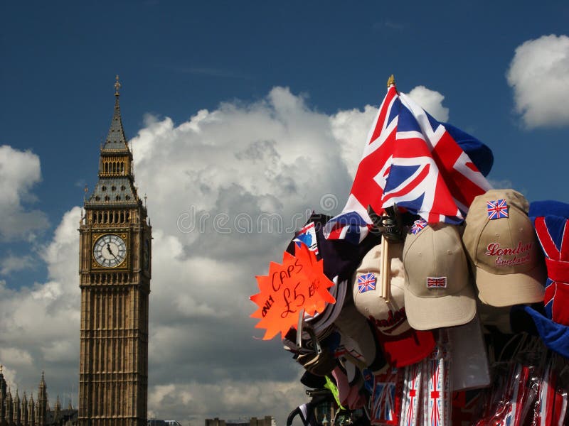 A stall selling London merchandise with Big Ben in the background. A stall selling London merchandise with Big Ben in the background