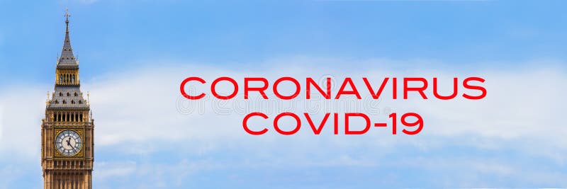 Big Ben, London, England Panorama Web Banner With Coronavirus COVID-19 Text stock images