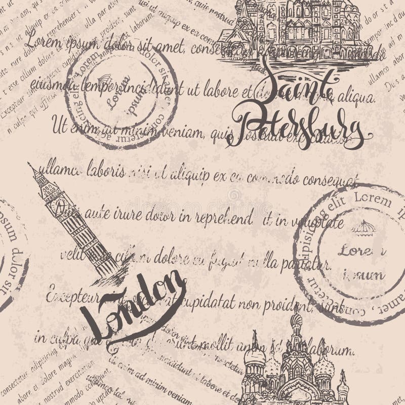 Big Ben y la iglesia del salvador en sangre con poner letras a St Petersburg y a Londres, modelo inconsútil en fondo beige stock de ilustración Big Ben y la iglesia del salvador en sangre con poner letras a St Petersburg y a Londres, modelo inconsútil en fondo beige stock de ilustración