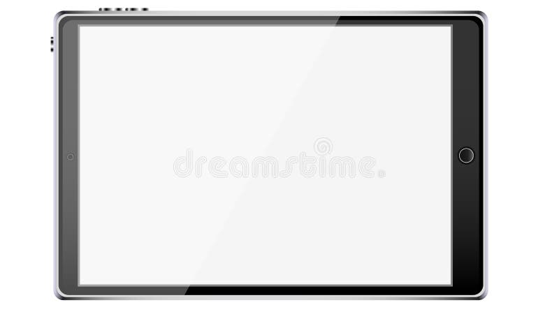 Big black realistic mobile smart touch-sensitive slim tablet computer frame with metal face with glossy blank glowing screen isola vector illustration