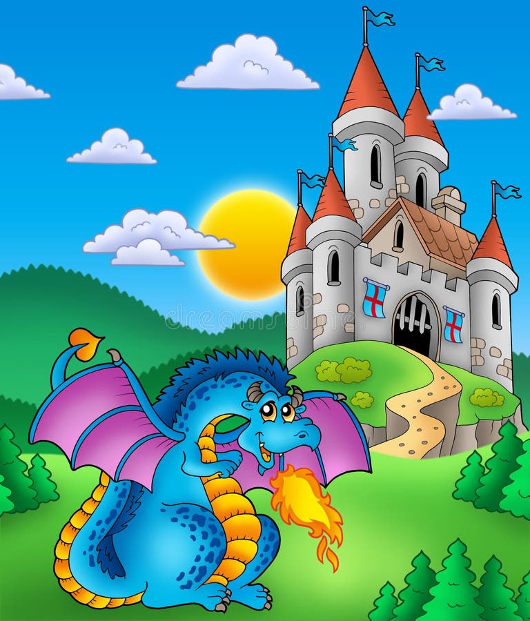 Big blue dragon with medieval castle royalty free illustration