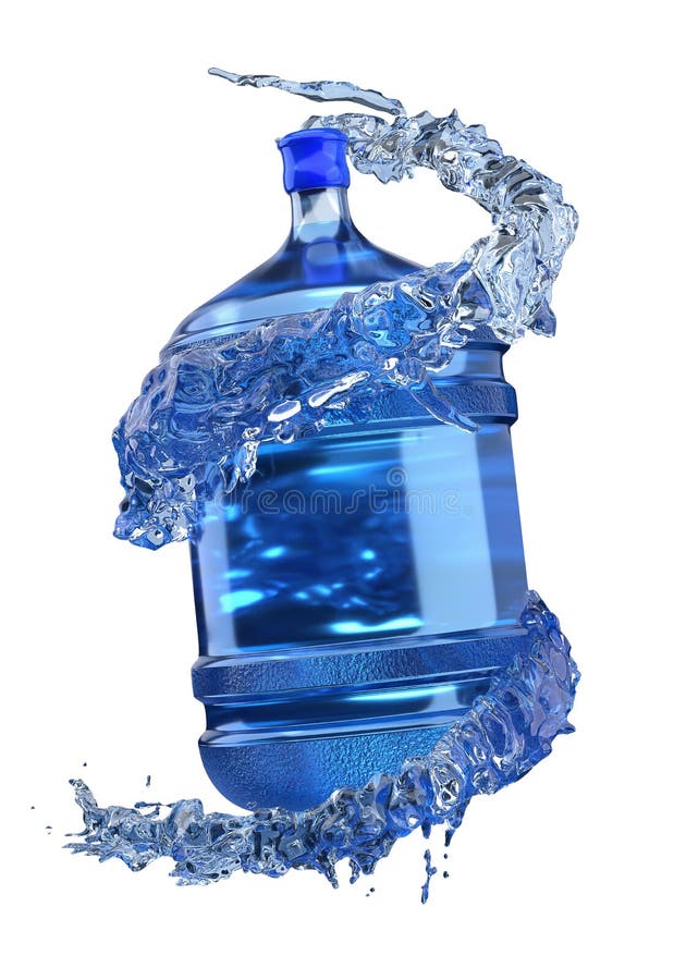 Big bottle of water in water splash isolated on a white background. 3d rendering