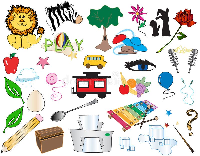 All cartoon styled illustrations. Children themed objects include: lion, zabra, tree, flower, shadow puppets, rose, hats, beach with play, school bus, hats, electricity modules, apple, storm cloud with rain, star fish, yo-yo, eye, balloon, jump rope, caboose, fruits (apple, banana, orange, grapes), leaf, spoon, egg, pencil, chest, printer, xylophone, ice, cubes, water, magic wand, stars, question mark. Vector illustrations can be used in FLASH MX productions. All cartoon styled illustrations. Children themed objects include: lion, zabra, tree, flower, shadow puppets, rose, hats, beach with play, school bus, hats, electricity modules, apple, storm cloud with rain, star fish, yo-yo, eye, balloon, jump rope, caboose, fruits (apple, banana, orange, grapes), leaf, spoon, egg, pencil, chest, printer, xylophone, ice, cubes, water, magic wand, stars, question mark. Vector illustrations can be used in FLASH MX productions.