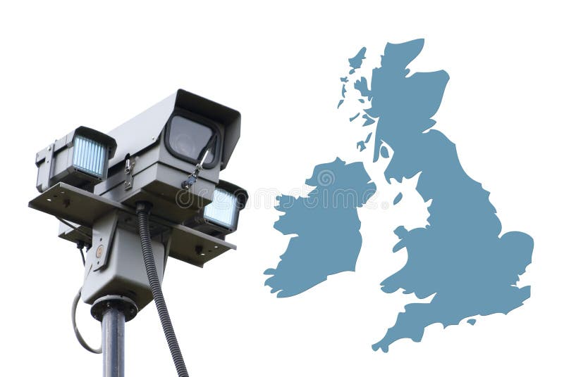 Surveillance camera overlooks outline map of UK. Surveillance camera overlooks outline map of UK