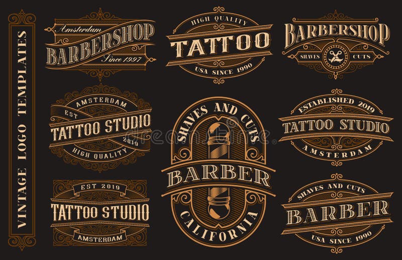 Big bundle of vintage logo templates for the tattoo studio and barbershop