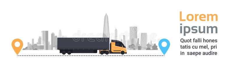 Big Cargo Truck Over Silhouette City Background On Delivery Route Fast Logistics Transportation Concept Horizontal