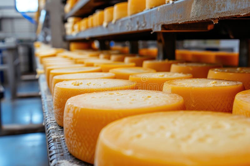 Big Cheese Wheels at Manufacturing Closeup. a Cheese Dairy in a
