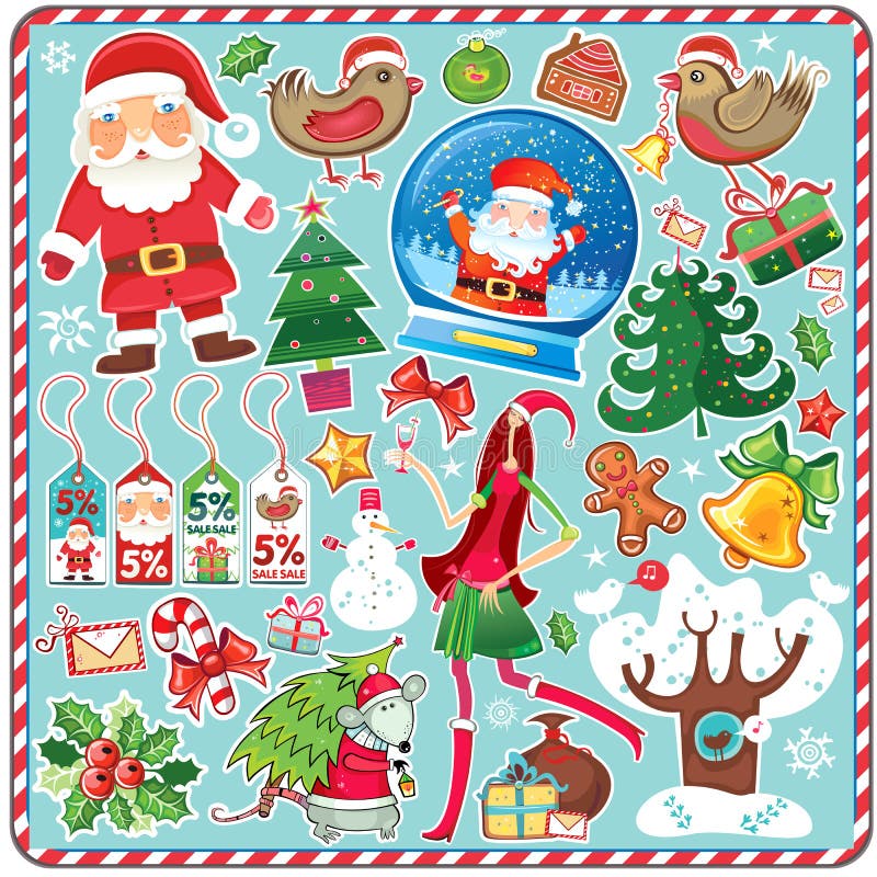 Všetky Vianočné symboly v jednu sadu! Sada obsahuje výzdoba, Vianočný stromček, skladovanie, darčekové krabičky s čela, snehuliak, vianočné zvončeky, holly, Vianočný veniec, star-aníz, perník muž, Santa claus, Santa pomocník dievča, candy cane, dar, lúk, predaj, štítky, obálky, santa taška s dary, zasnežených stromov, Santa potkan, sneh dome s Santa vnútri.