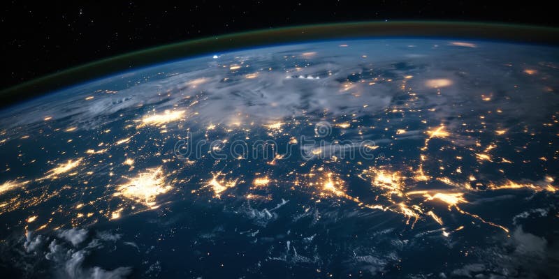 Big city lights view from space. Planet earth globe with night realistic world map. Communication concept. Generative AI stock images