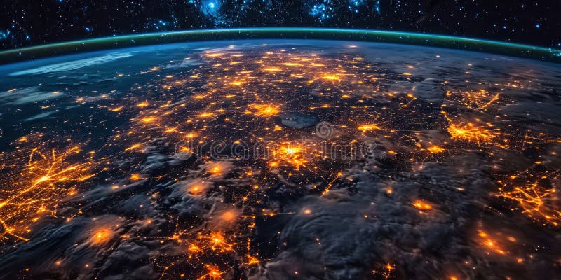Big city lights view from space. Planet earth globe with night realistic world map. Communication concept. Generative AI stock illustration