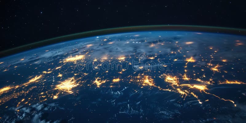Big city lights view from space. Planet earth globe with night realistic world map. Communication concept. Generative AI royalty free stock images