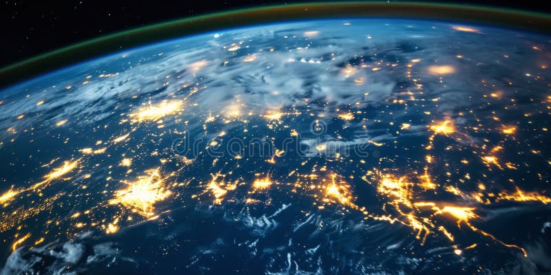 Big city lights view from space. Planet earth globe with night realistic world map. Communication concept. Generative AI stock image