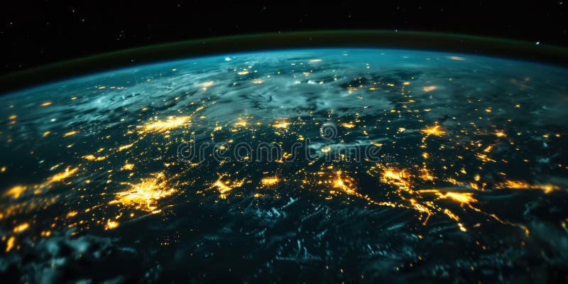 Big city lights view from space. Planet earth globe with night realistic world map. Communication concept. Generative AI stock image