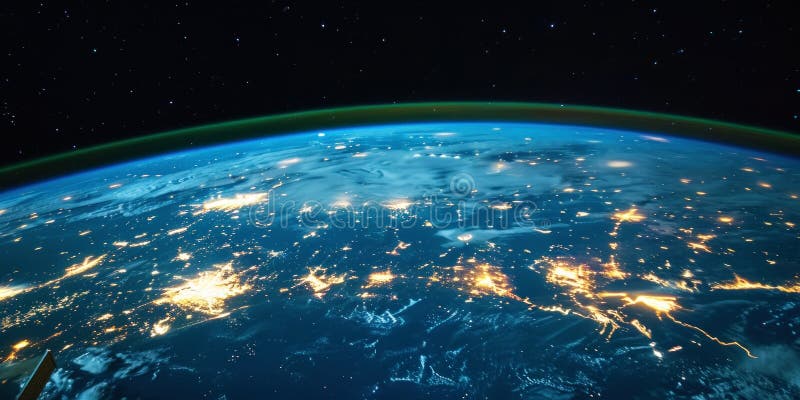 Big city lights view from space. Planet earth globe with night realistic world map. Communication concept. Generative AI vector illustration