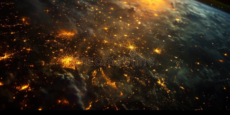 Big city lights view from space. Planet earth globe with night realistic world map. Communication concept. Generative AI stock images