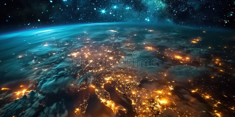 Big city lights view from space. Planet earth globe with night realistic world map. Communication concept. Generative AI royalty free stock photo