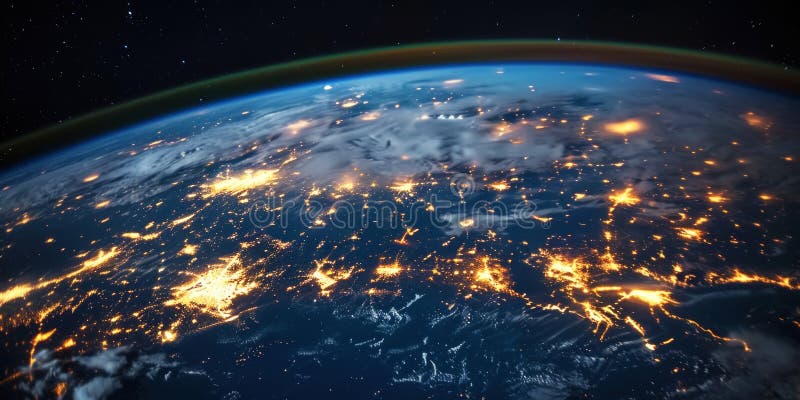 Big city lights view from space. Planet earth globe with night realistic world map. Communication concept. Generative AI stock images