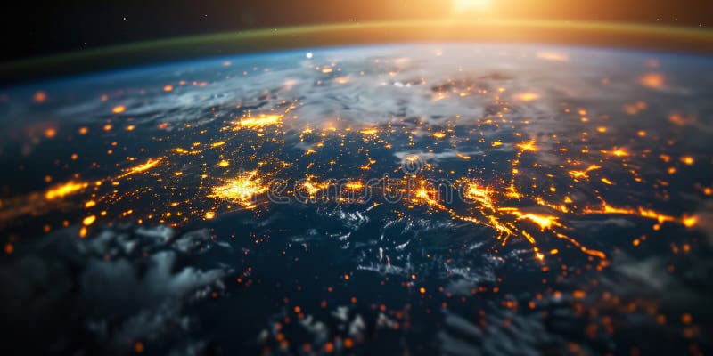 Big city lights view from space. Planet earth globe with night realistic world map. Communication concept. Generative AI royalty free stock photography