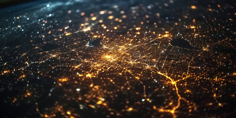 Big city lights view from space. Planet earth globe with night realistic world map. Communication concept. Generative AI royalty free stock images
