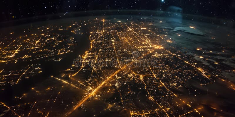 Big city lights view from space. Planet earth globe with night realistic world map. Communication concept. Generative AI stock photo