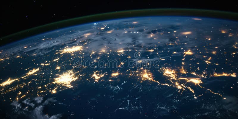 Big city lights view from space. Planet earth globe with night realistic world map. Communication concept. Generative AI stock image
