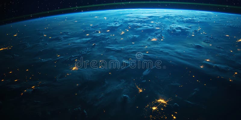Big city lights view from space. Planet earth globe with night realistic world map. Communication concept. Generative AI stock photography
