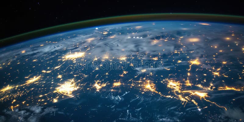 Big city lights view from space. Planet earth globe with night realistic world map. Communication concept. Generative AI royalty free stock image