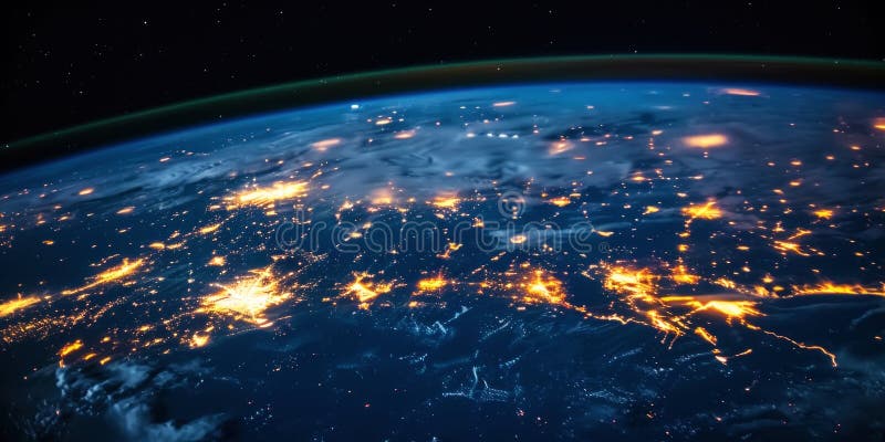Big city lights view from space. Planet earth globe with night realistic world map. Communication concept. Generative AI. AI generated