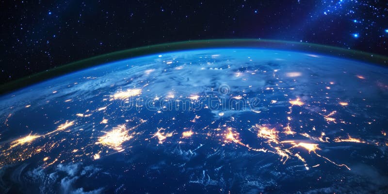 Big city lights view from space. Planet earth globe with night realistic world map. Communication concept. Generative AI stock photo