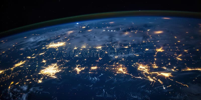 Big city lights view from space. Planet earth globe with night realistic world map. Communication concept. Generative AI stock photos