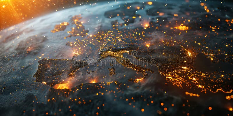 Big city lights view from space. Planet earth globe with night realistic world map. Communication concept. Generative AI royalty free stock image