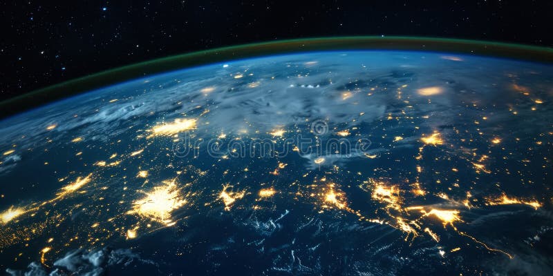Big city lights view from space. Planet earth globe with night realistic world map. Communication concept. Generative AI stock photo