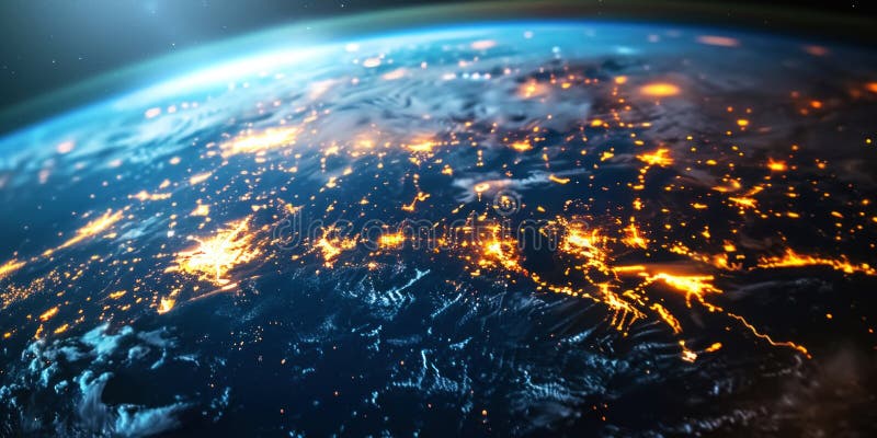 Big city lights view from space. Planet earth globe with night realistic world map. Communication concept. Generative AI royalty free stock photos
