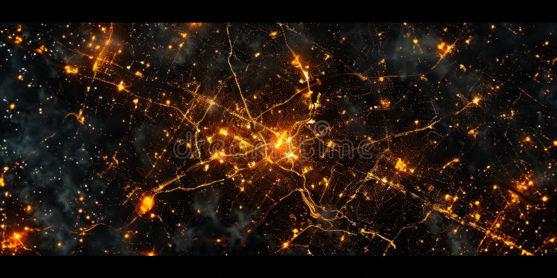 Big city lights view from space. Planet earth globe with night realistic world map. Communication concept. Generative AI stock image
