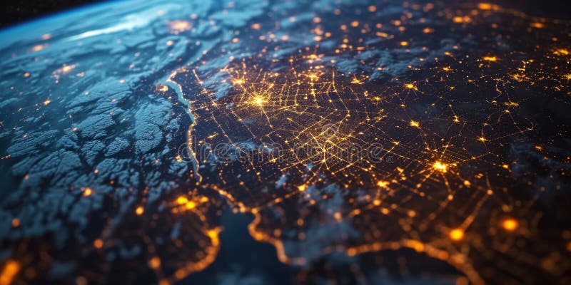 Big city lights view from space. Planet earth globe with night realistic world map. Communication concept. Generative AI stock photos