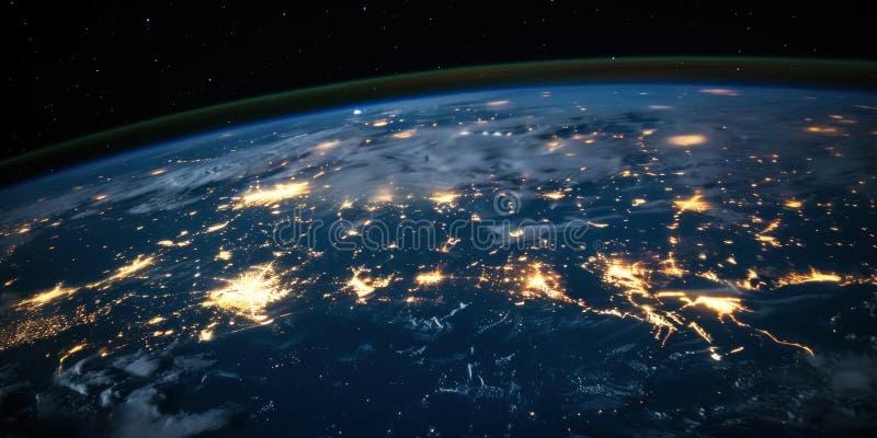 Big city lights view from space. Planet earth globe with night realistic world map. Communication concept. Generative AI stock image