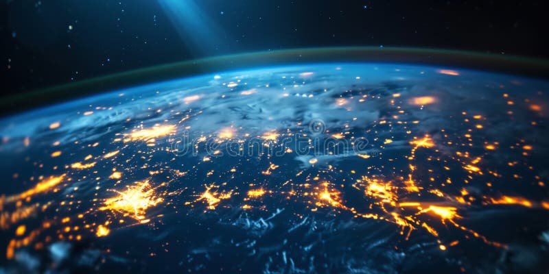 Big city lights view from space. Planet earth globe with night realistic world map. Communication concept. Generative AI royalty free stock photos
