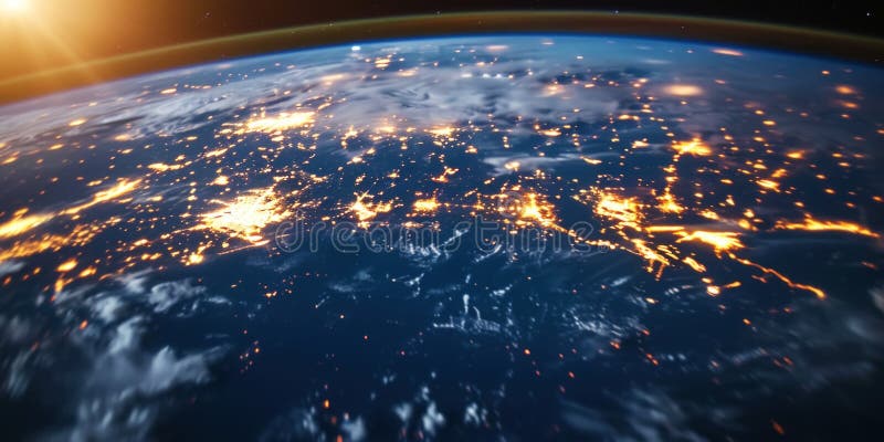 Big city lights view from space. Planet earth globe with night realistic world map. Communication concept. Generative AI royalty free stock image