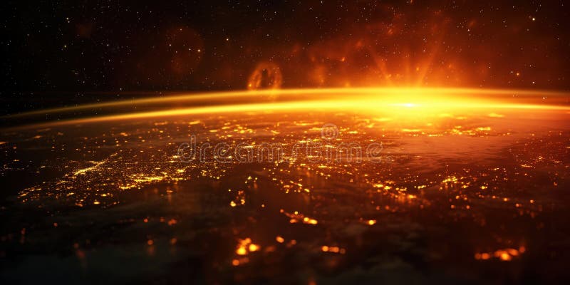 Big city lights view from space. Planet earth globe with night realistic world map. Communication concept. Generative AI stock photos