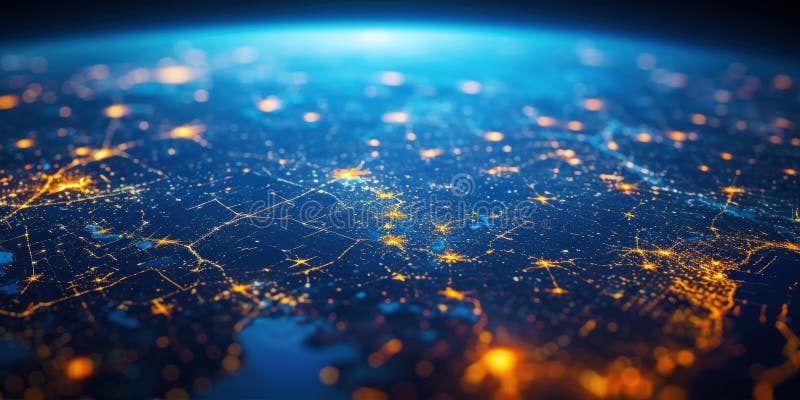 Big city lights view from space. Planet earth globe with night realistic world map. Communication concept. Generative AI royalty free stock photos