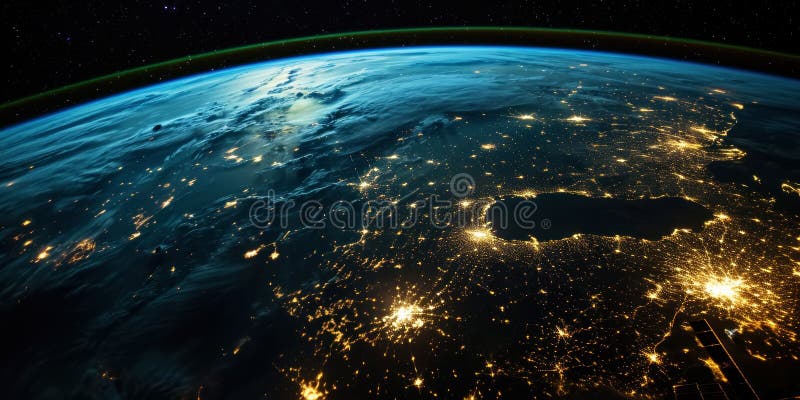 Big city lights view from space. Planet earth globe with night realistic world map. Communication concept. Generative AI vector illustration