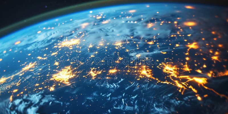 Big city lights view from space. Planet earth globe with night realistic world map. Communication concept. Generative AI. AI generated