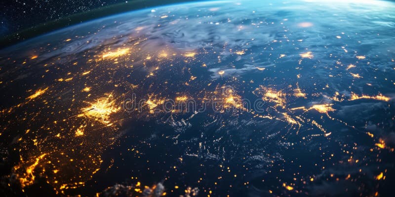 Big city lights view from space. Planet earth globe with night realistic world map. Communication concept. Generative AI stock images