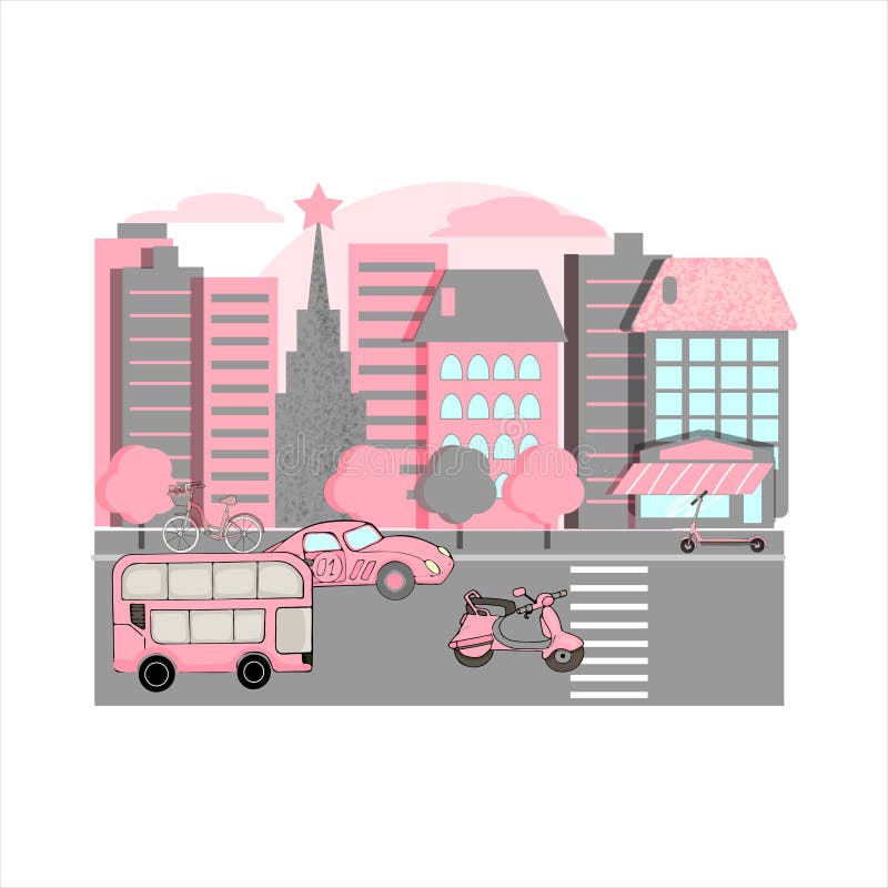 Big city skyline scene. Pink and red line outline vector illustration royalty free illustration Big city skyline scene. Pink and red line outline vector illustration royalty free illustration